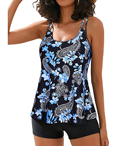 Yonique Womens Two Piece Swimsuits Tankini Top With Boy Shorts Tummy Control Bathing Suits Athletic Swimwear Blue Flower L cover