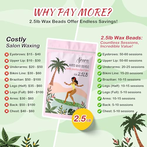 Image of Ajoura 2.5LB Aloe Hard Wax Beads, Premium Wax for Sensitive Skin Hair Removal, Perfect for Full Body, Bikini, Face, Eyebrow, Back, Chest, Legs, Armpit, Big Pack Refill for Home & Salon Waxing (Green)