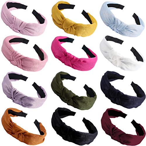 Canitor 12 Pack Top Knot Headbands for Women Cross Wide Hairbands Twist Knotted Hairbands Elastic Silk Twist Knot Headbands for Women