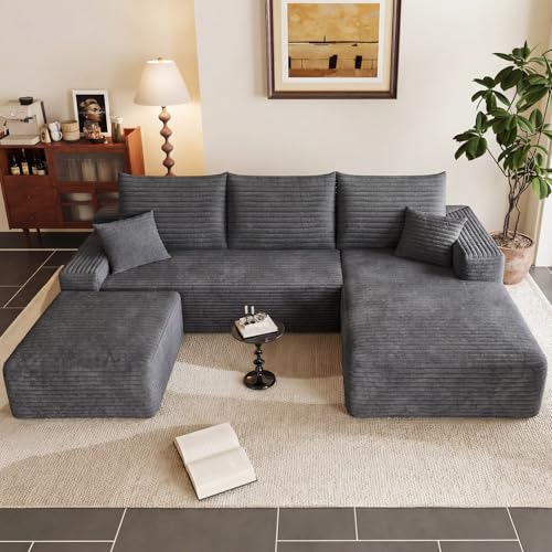 Image of 95 inch Cloud Sectional Couch with Ottoman,Modern U-Shaped Cloud Couch with Deep Seat,Comfy Corduroy Sofa,Memory Foam Sofa for Living Room,No Assembly (Dark Gray,Right-Facing Chaise)