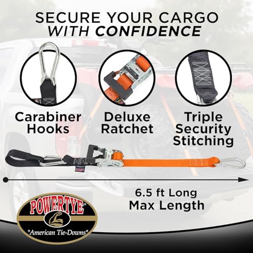 Image of PowerTye 1.5in x 6.5ft Heavy Duty Ratchet Tie-Down Straps with Soft-Tye and Carabiner Hooks - 1,000 lb Working Load Limit / 3,000 lb Breaking Strength - Made in USA - Purple /Black (Pair)