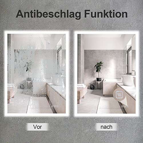 furduzz Badezimmerspiegel 80x60 cm, Wandspiegel LED Badspiegel Multifunktions Badspiegel mit Beleuchtung Einstellbares Licht, Antibeschlag, Dimmbare Speicherfunktion, Vertikal&Horizontal 5