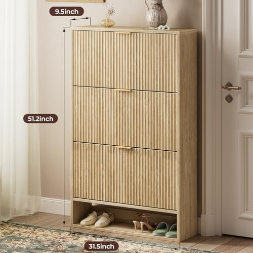 Image of Evermagin 31.5''W Oak Shoe Cabinet Storage for Entryway, Fluted Slim Shoe Dresser with 3 Flip Drawers, Narrow Shoe Rack Cabinet, Hidden Shoe Organizer Cabinet for Entrance, Hallway