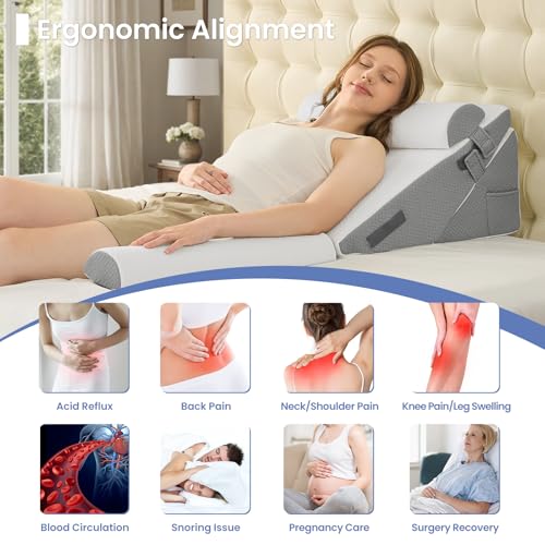 Image of Sasttie Wedge Pillow Set for After Surgery, 3PCS Adjustable Bed Wedge Pillow Headboard with Memory Foam Neck Cushion - for Acid Reflux, Sleeping, Neck & Back Support, Dark Grey & White