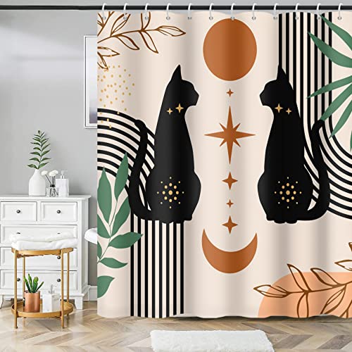 MIRRORANG Cute Black Cat Shower Curtain, Mid Century Modern Shower Curtain Set including 12 Hooks