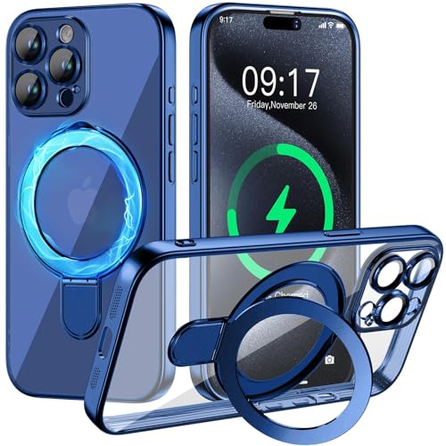 Image of Magnetic for iPhone 15 Pro Case with Invisible Stand[Compatible with MagSafe][Full Camera Lens Protector][Military Drop Protection] Shockproof Not Yellowing Clear Soft Slim for Women Men
