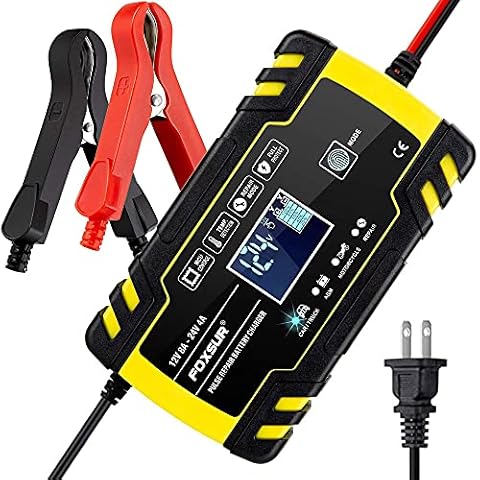 Foxsur Car Battery Charger 12V/8A 24V/4A Automatic Smart Battery Charger/Maintainer Trickle Charger with LCD Screen Pulse Repair Charger Pack for Car Truck Motorcycle Lawn Mower Boat etc Cover