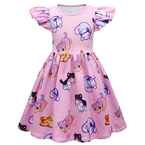 TOSUKAI Girls Dress Graphic Cute Outfit Kids Pink Ruffle Sleeve Dresses Birthday Gift 6-7Y
