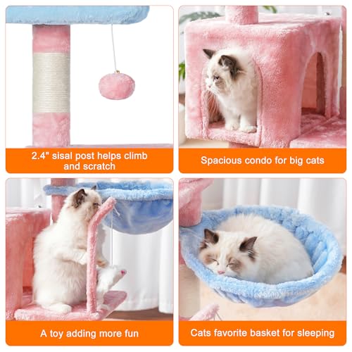 Image of Heybly Cat Tree with Toy, 43.3 inch Cat Tower condo for Indoor Cats, Cat House with Padded Plush Perch, Cozy Hammock and Sisal Scratching Posts, Blue and Pink HCT004SBP