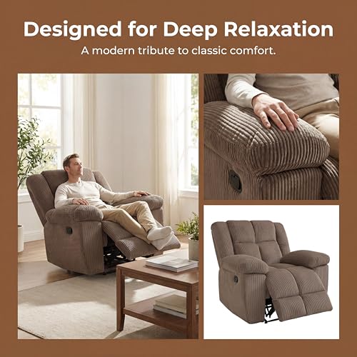 Image of Oversized Corduroy Recliner Chair, Manual Lazy Boy Recliner with Home Theater Seating, Breathable Living Room Reclining Chair for Adults Reading, Gaming, Relax, Brown