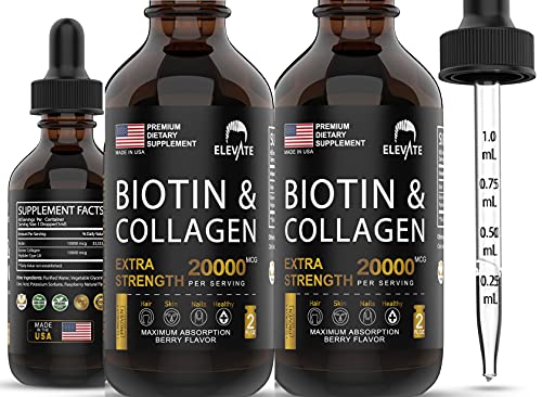 ELEVATE Biotin & Collagen Hair Growth Drops 20000mcg - Liquid Biotin 10000mcg & Collagen 10000mcg Natural Supplement for Best Absorption to Support Healthy Skin & Strong Nails - USA Made - Men & Women ELEVATE Biotin & Collagen Hair Growth Drops 20000mcg - Liquid Biotin 10000mcg & Collagen 10000mcg Natural Supplement for Best Absorption to Support Healthy Skin & Strong Nails - USA Made - Men & Women