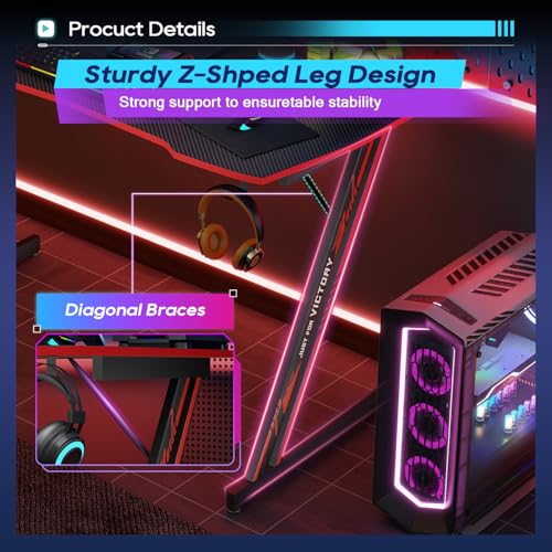 Image of BestOffice 39 inch Gaming Desk Computer Gaming Desk Z Shaped Gaming Workstation Ergonomic Gaming Table with Headphone Hook for Game Players,Black&Red
