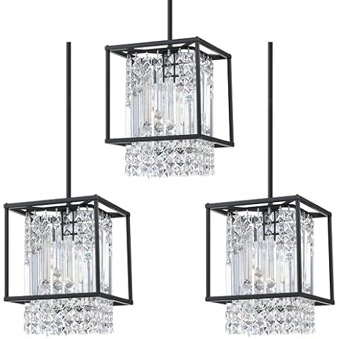 3 Pack 1 Light Hanging Kitchen Island 10" Crystal Modern Pendant Light Fixture,Black Finish with Crystal Shade for Bar,Dining Room,Corridor,Living Room Over Sink Cover