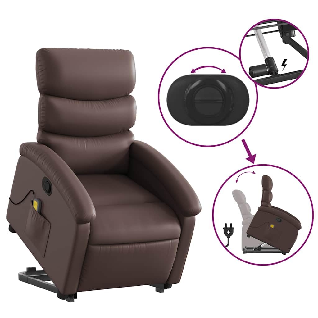 Sillón elevador reclinable con masaje de 6 puntos, función elevación eléctrica e inclinación manual hasta 135°, estructura estable de madera y metal, piel sintética