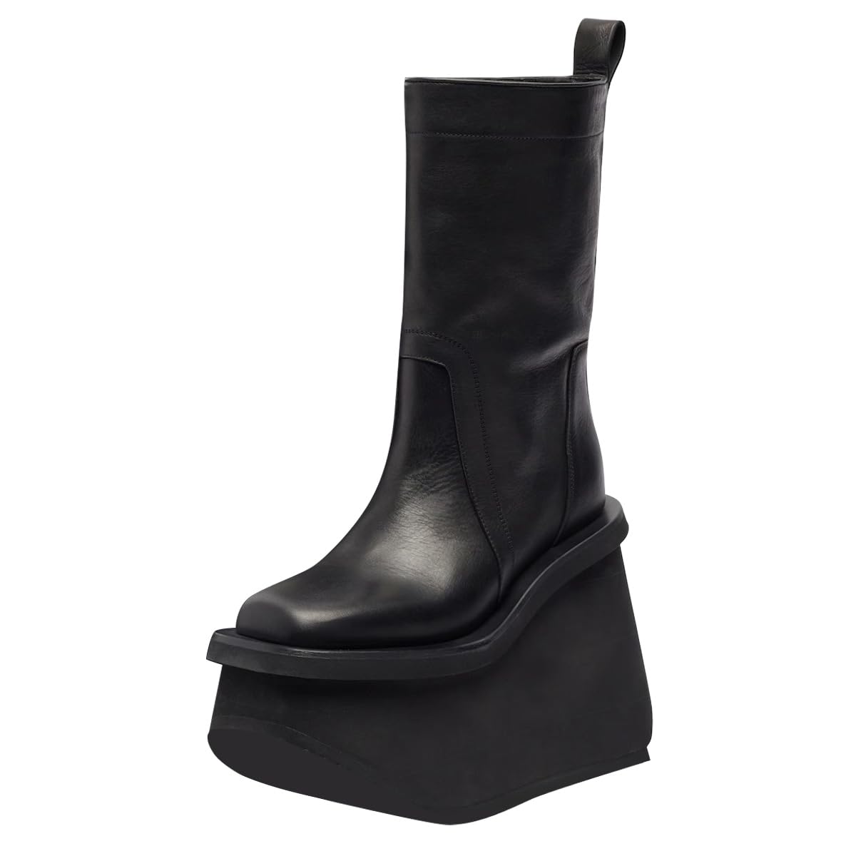 FYS Womens Square Toe Mid Calf Boots Thick Wedge Platform High Heels Pull On Stylish Fashion Winter Fall