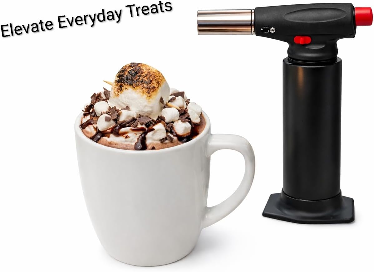 Culinary Butane Torch For Creme Brulee & Desserts- Adjustable Flame Kitchen Torch with Safety Lock, Metal Body, Black Finish, Up to 60 Minutes Continuous Burn Time (Fuel Not Included)