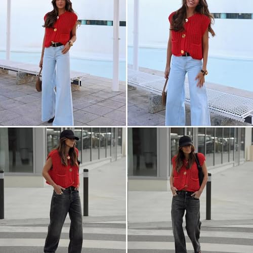 FindThy Women’s Cropped Sweater Vest Cute Crewneck Button Down Sleeveless Crop Knit Cardigan with Pocket4