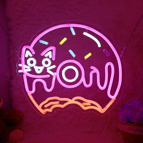 Image of Cat Donut Neon Sign Donut Cat Neon Light Donut Light Sign Dimmable Donut LED Neon Light for Bakery Shop Decor Nursery Room Game Room Wall Art 14 inchx12.3 inch