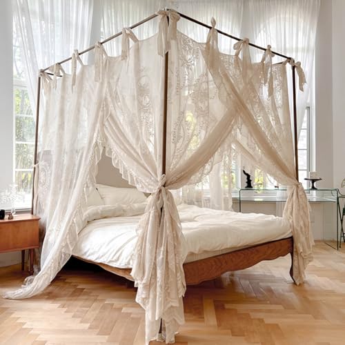 Rideaux de lit à baldaquin d'angle beige de qualité pour lit 1,5 m - 6