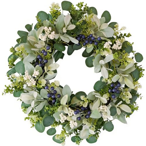 Orilium 22 Inch Wreaths for Front Door， Green Spring Summer Wreath with Faux Lamb's Ear Eucalyptus Leaves White Blue Berries & Blossoms, All-Season Porch Wall Home Farmhouse Decor