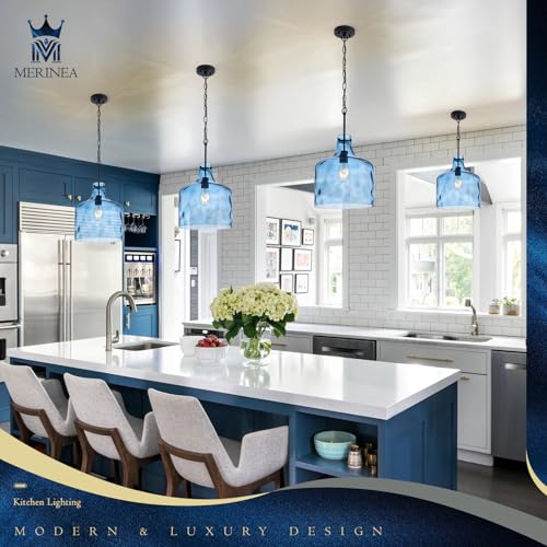 Image of 12 inch Blue Farmhouse Pendant Light, Hammered Glass, E26 Hanging Light