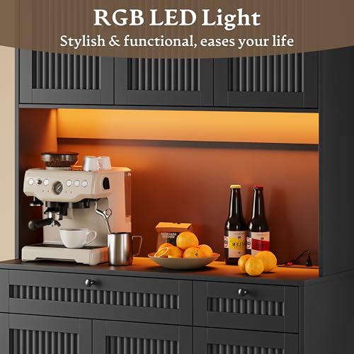 Image of BORNOON Pantry Cabinet with Charging Station and Light, Tall Kitchen Pantry Storage Cabinet with Microwave Stand, Wide Fluted Kitchen Hutch with Storage Drawers and Adjustable Shelves for Dining Room