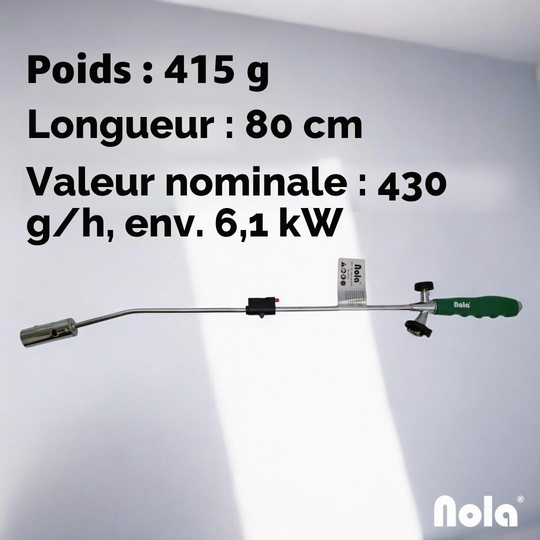 Désherbeur thermique NOLA max. 1,3 °C, connexion à baïonnette, herbicide de 80 cm, brûleur à gaz butane Art. 879, brûleur à gaz puissant, allumage piézoélectrique, flamme réglable, compatible : NOLA