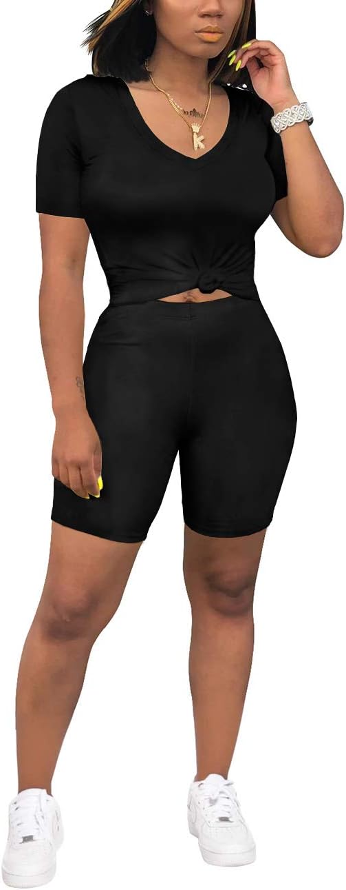 Saloogoe Two Piece Outfits for Women V Neck Short Sleeve Summer Short Sets