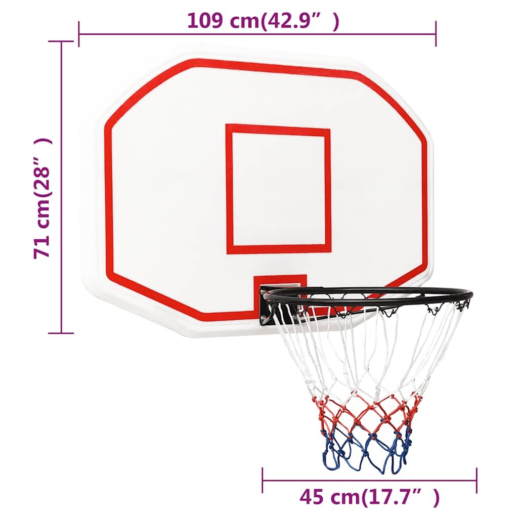 Tavola da basket in polietilene, 109 x 71 x 3 cm, canestro da basket bianco con anello in acciaio e rete in nylon resistente alle intemperie, adatto per montaggio a parete e interni ed esterni