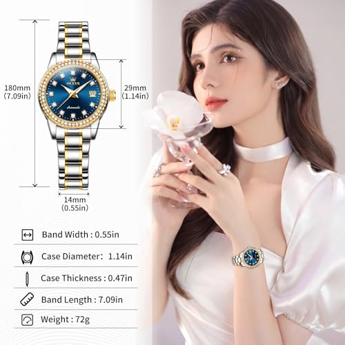 Image of OLEVS Women's Automatic Watch Luxury Mechanical Stainless Steel Two Tone Waterproof Self Winding Dress Small Ladies with Date Diamond Elegant Casual Business Wristwatch Gold /Blue /Black /White