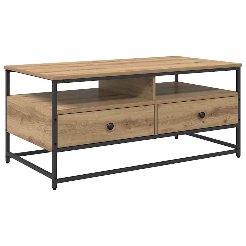 Mesa de centro de roble Artisan, 100 x 51 x 45 cm, de material de madera con 2 estantes y cajón, mesa auxiliar industrial pequeña para salón, moderna y robusta para sofá o sillón