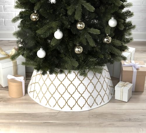 New Traditions White Velvet Christmas Tree Collar with Gold Glitter Quatrefoil Print – 26" Diameter Fabric Stand Band for Artificial & Natural Trees – Tree Skirt Alternative, Collapsible