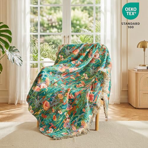 Image of MSGKV Boho Throw Blanket 60 inchx80 inch 100% Cotton Floral Blanket for Couch Sofa