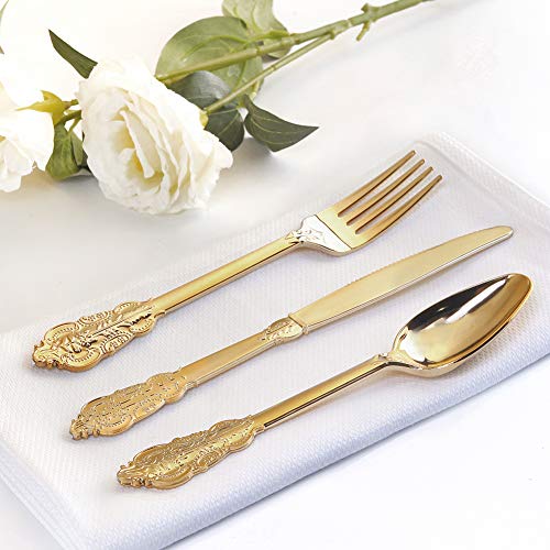Wdf 300 Pieces Gold Plastic Silverware Disposable - Heavy Duty Plastic Cutlery - Gold Silverware Sets Includes 100 Forks, 100 Spoons, 100 Knives #TOP2
