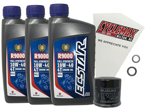 Cyclemax Full Synthetic R9000 Oil Change Kit compatible with Suzuki 990A0-01E40-3KT SV650, GSXR, V-Strom, Gladius, and KingQuad