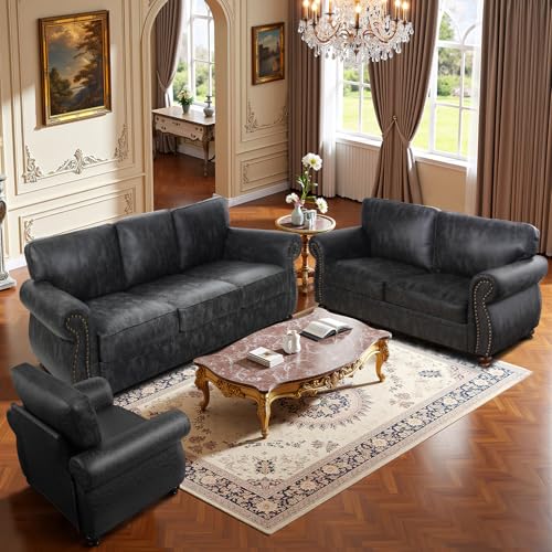 Image of Couchus 88 inch W Living Room Furniture Sets, Mid-Century Vintage Faux Leather Sofa and Couch Sets, Loveseat and Sofa Set with Nailhead Trim (Grey, Single+Loveseat+3 Seater)