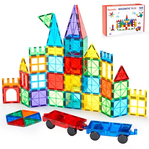 Gemmicc 100 PCS Magnetic Tiles with 2 Cars, STEM Approved