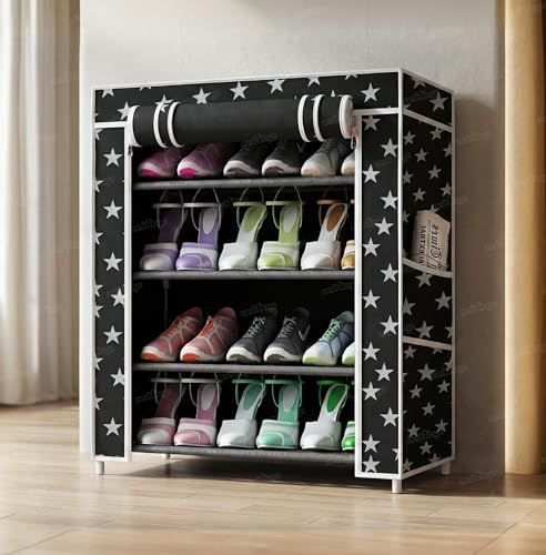 Image of Zest 4 Toyz Star Printed Shoe Rack with 4 Shelfs Zip Cover and Side Pocket Multipurpose Racks Shoe Organizer Cum Book Organizer Non Woven Fabric (Black)