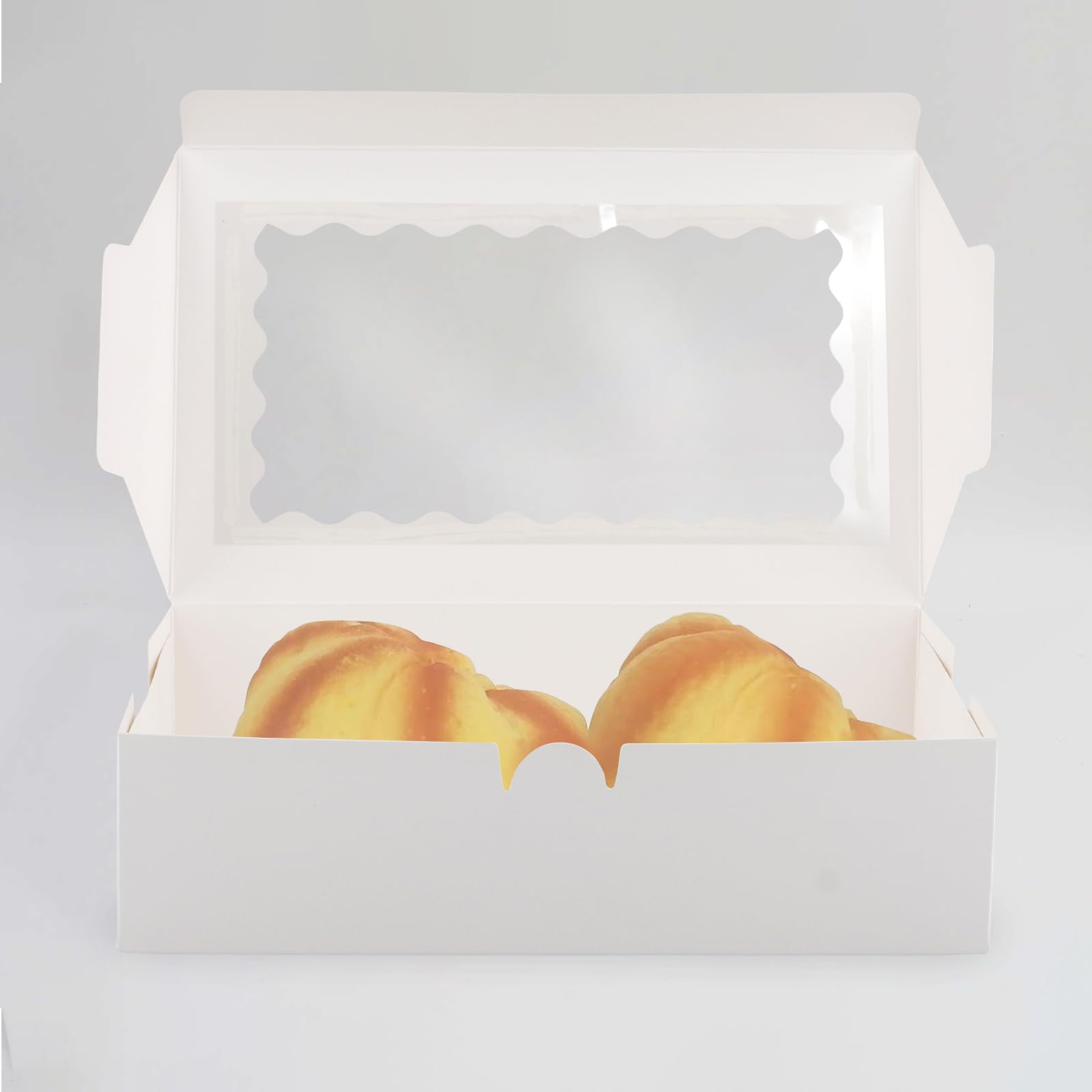 MOUYAT Paquete de 50 cajas de panadería blancas con ventana, 23 x 14 x 6 cm, cajas de galletas para macarrones, cupcakes, magdalenas, donas