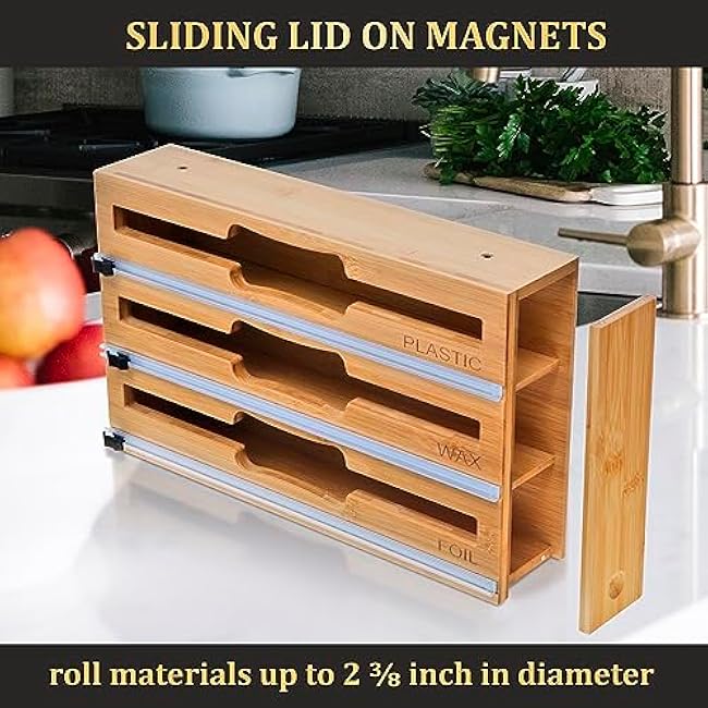 9 IN 1 Bamboo Foil and Plastic Wrap Organizer for Kitchen Drawer, Plastic Bag Organizer Organization and Storage, Food Storage Bag Organizer with Labels for Quart Gallon Snack Sandwich