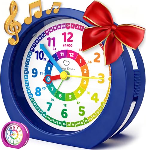 Honey's Heaven Kinderwecker ohne Ticken - für Jungen und Mädchen - Lernwecker Lernuhr Weckuhr Kinderuhr Quarzwecker Snooze Analog Quartz Wecker (Dunkelblau)