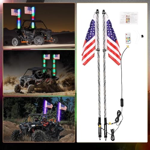 Image of LED Whip Lights, AKD Part 2PCS 4FT Lighted Whips RF Remote Control RGB LED Whip Antenna Chase Lights Warning Light for UTV ATV SXS Side By Side RZR Can-Am Kawasaki Honda Trucks Boat