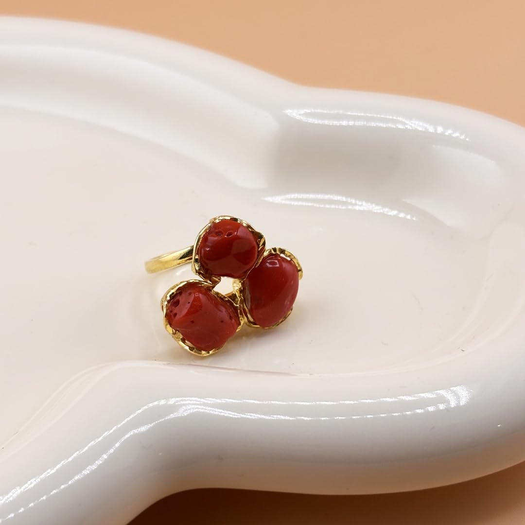 Anello da donna e ragazza miusra regolabile in argento 925 dorato con tripla spola barocca corallo rosso naturale del Mediterrano gioiello unico artigianale