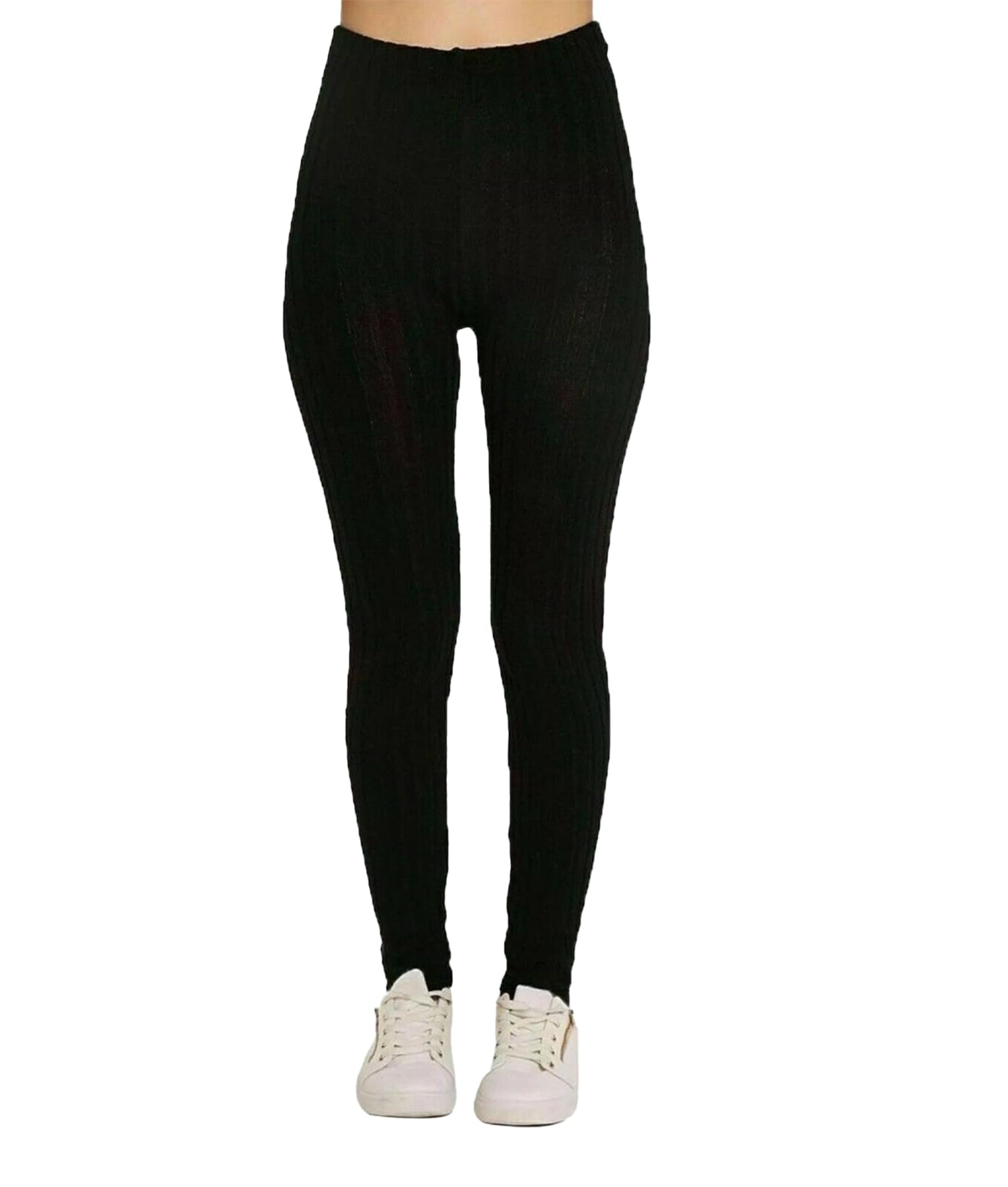 H&F Women’s Chunky Knitted Ribbed Thick Plain Full-Length Leggings Stretchy Warm Winter Pants Size (Black, 20-22)