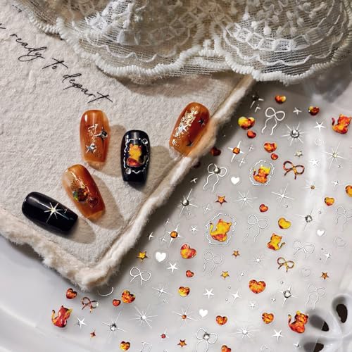 Image of Cat Nail Stickers Decals Bow Nail Art Stickers with Jelly Design Orange Color Nail Decals for Nails Art 5D Embossed Self Adhesive Star Heat Nails Sticker for Women Girls Kid Manicure Charms Decoration
