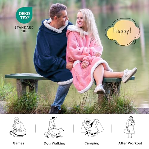 Bedsure Blanket Hoodie, Wearable Blanket for Adults & Kids as Gifts for Women Men, Birthday Gifts for Women Mom Girl Sherpa Oversized Hoodie, Navy, Small
