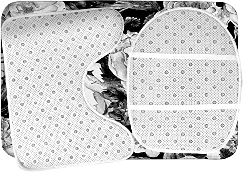 Badezimmerteppich-Set, 3-teilig, Aquarell, Blumen, Monochrom, Vintage, waschbare Badeteppiche, rutschfest, mit Rückenpolster, Konturteppich und Toilettendeckelbezug – Bild 6