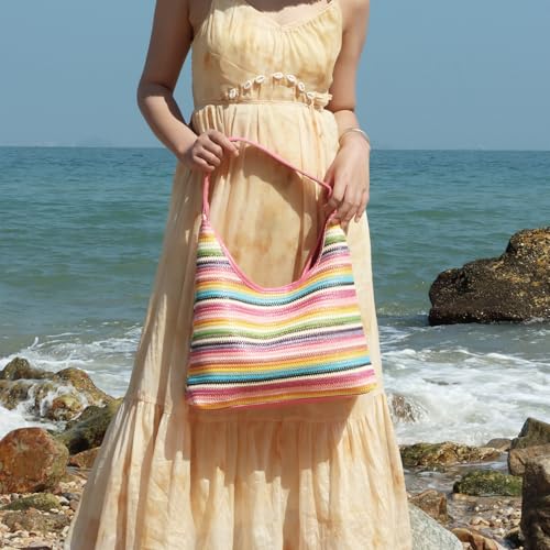 Bolso de playa tipo cubo tejido para mujer miniatura 2