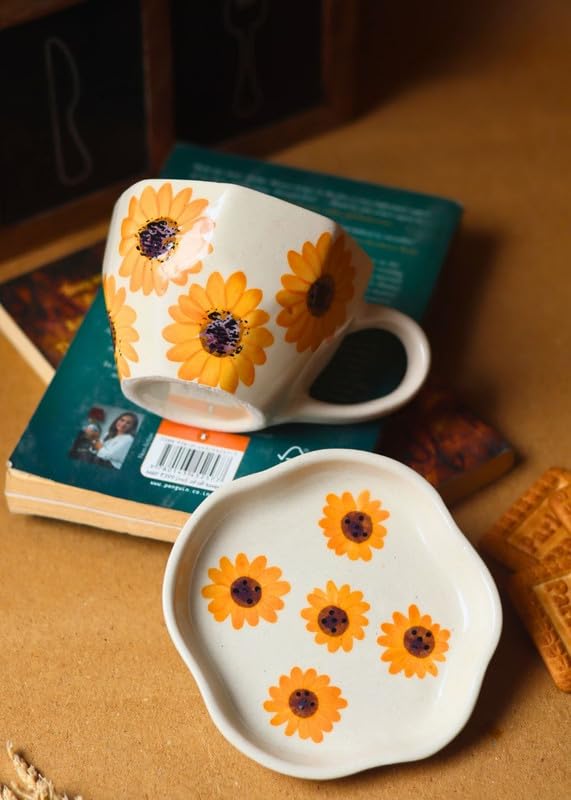 Image of WEAVING HOMES Handcrafted Ceramic Mug & Dessert Plate to Gift to Best Friend and Love Microwave Safe Surajmukhi Mug & Dessert Plate (Set of 2, Multicolor)