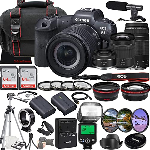 Canon EOS R5 Mirrorless Camera w/RF 24-105mm f/4-7.1 is STM Lens + EF 75-300mm f/4-5.6 III Lens + RF 50mm f/1.8 STM Lens + 2X 64GB Memory + Case + Microphone + TTL Flash + More (35pc Bundle)